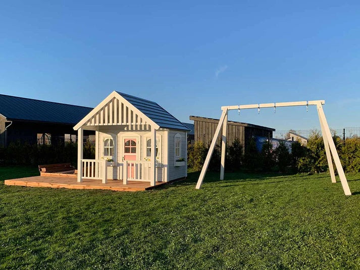 No 7 - Wooden Kids Playhouse with Loft, Terrace & Furniture – Outdoor Garden Playhouse for Children