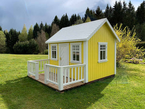 No 5 - Custom Wooden Playhouse with Loft & Furniture | 6x8 ft Outdoor Kids Playhouse | Painted Wood, Metal Roof, Terrace, Personalization Included