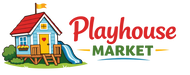 Logo of Playhouse Market with a colorful playhouse illustration on a white background. A store with wooden kid's playhouses