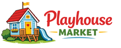 Logo of Playhouse Market with a colorful playhouse illustration on a white background. A store with wooden kid's playhouses